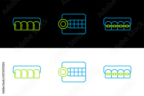 Set line Teeth with braces, Dentures model and icon. Vector