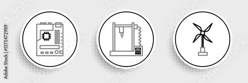 Set line Wind turbine, Motherboard and 3D printer icon. Vector