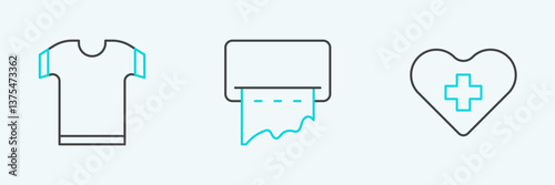 Set line Heart with a cross, T-shirt and Paper towel dispenser on wall icon. Vector