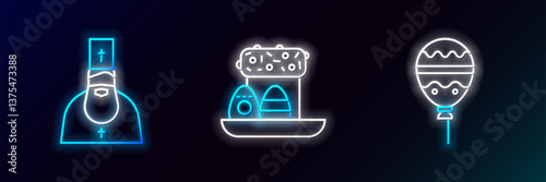 Set line Balloons with ribbon, Priest and Easter cake and eggs icon. Glowing neon. Vector