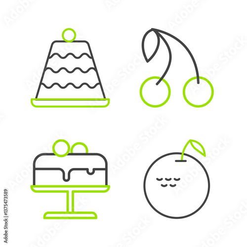 Set line Apple, Cake on plate, Cherry and icon. Vector