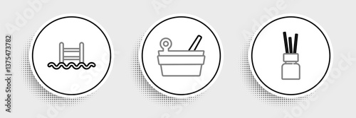 Set line Aroma diffuser, Swimming pool with ladder and Sauna bucket and ladle icon. Vector
