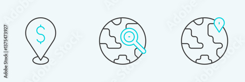 Set line Location on the globe, Cash location and Magnifying glass with icon. Vector