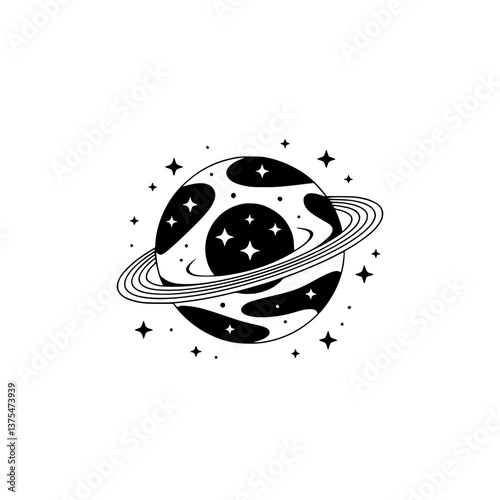 Minimalist Black & White Space Planet with Stars, Vector Illustration