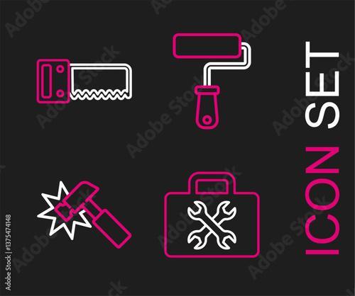 Set line Toolbox, Hammer, Paint roller brush and Hand saw icon. Vector