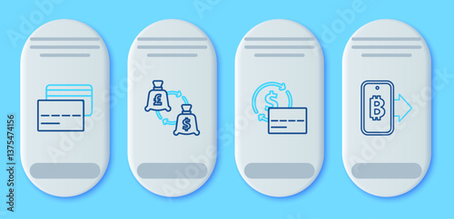 Set line Currency exchange, Credit card, and Mining bitcoin from mobile icon. Vector