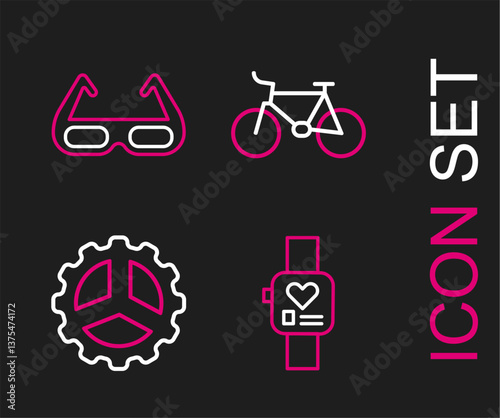 Set line Smart watch, Bicycle sprocket crank, and Sport cycling sunglasses icon. Vector