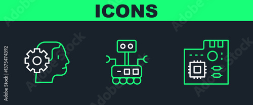 Set line Motherboard digital chip, Humanoid robot and Robot icon. Vector