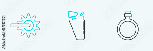Set line Canteen water bottle, Spur and Revolver gun in holster icon. Vector