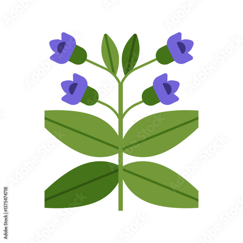 Floral branch with flower blossoms and leaves. Spring bellflower stem, wildflower bloom. Bluebells and leaf. Symmetrical botanical flat graphic vector illustration isolated on white background