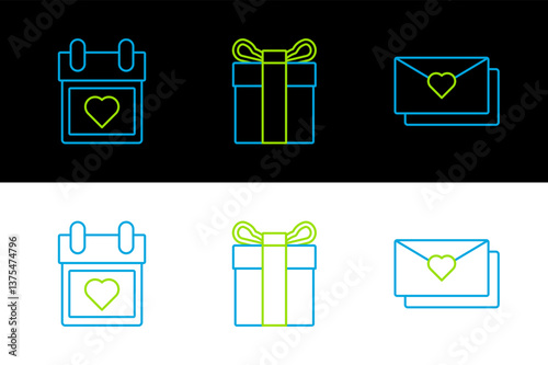 Set line Envelope with Valentine heart, Calendar and Gift box icon. Vector