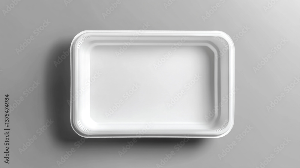 A top down view of a white rectangular styrofoam food tray on a gray surface with soft lighting A top down view of a white rectangular styrofoam food tray on a gray surface with soft lighting