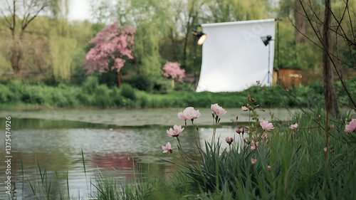 Pink flowers by a pond perfect for a spring-themed ad