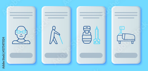 Set line Blind human holding stick, Syringe, Poor eyesight and Hospital bed icon. Vector