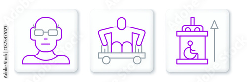 Set line Elevator for disabled, Poor eyesight and Man without legs sitting wheelchair icon. Vector