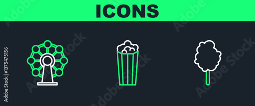 Set line Cotton candy, Ferris wheel and Popcorn in cardboard box icon. Vector
