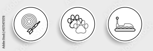 Set line Bumper car, Classic dart board and arrow and Paw print icon. Vector