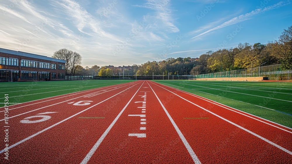 Fototapeta premium Empty red running track on clear day with trees and buildings in background