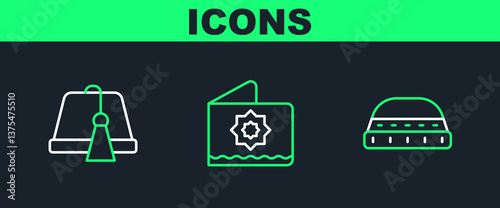 Set line Muslim hat for prayer, Turkish and Octagonal star icon. Vector