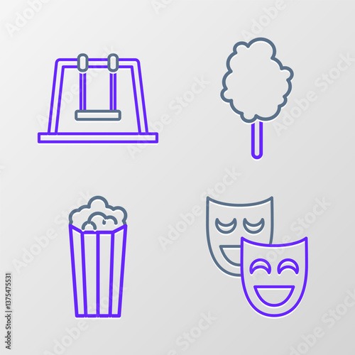 Set line Comedy theatrical masks, Popcorn in cardboard box, Cotton candy and Swing icon. Vector