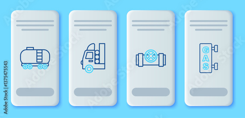 Set line Gas tank for vehicle, Metallic pipes and valve, Oil railway cistern and filling station icon. Vector