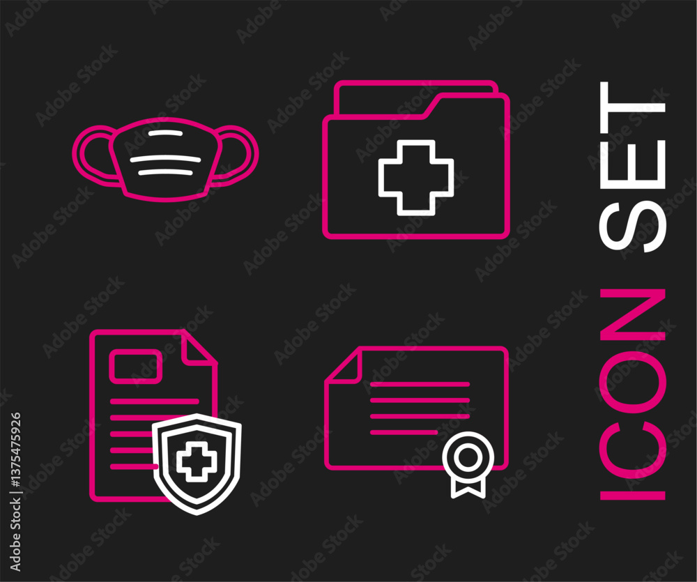 Set line Certificate template, Patient record, and Medical protective mask icon. Vector Set line Certificate template, Patient record, and Medical protective mask icon. Vector