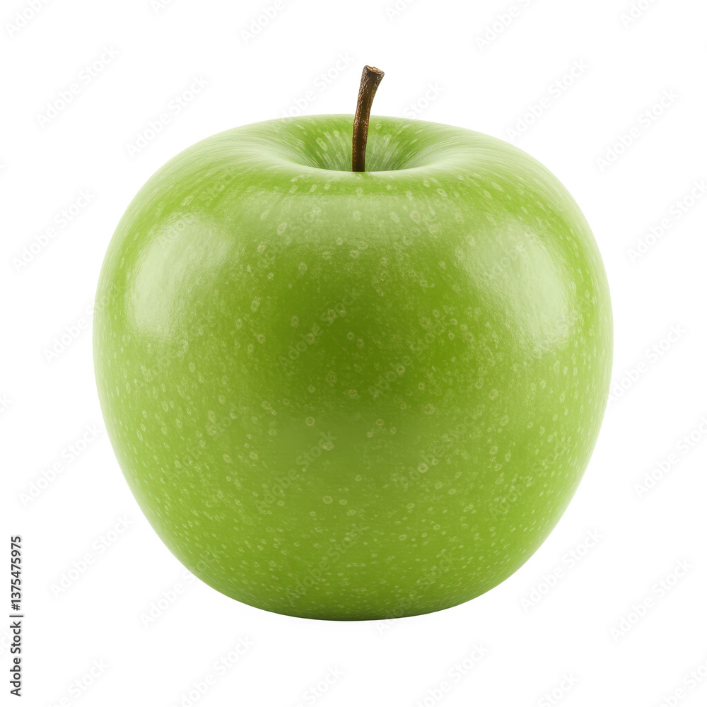 A single green apple with a stem isolated against a black background in a studio setting A single green apple with a stem isolated against a black background in a studio setting