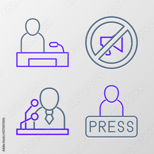 Set line Journalist news, Breaking, Censored stamp and Television report icon. Vector