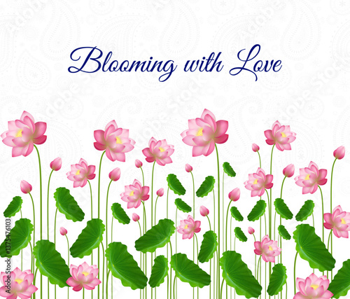 Pink lotus flowers bloom with green leaves on a white background, featuring “Blooming with Love” in elegant blue.