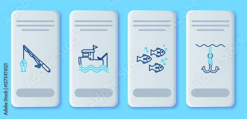 Set line Fishing boat with fishing rod on water, and and hook under icon. Vector