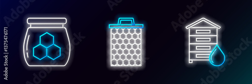 Set line Hive for bees, Jar of honey and Honeycomb icon. Glowing neon. Vector