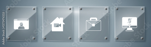 Set Mute microphone on computer, Briefcase, Video camera Off in home and chat conference. Square glass panels. Vector