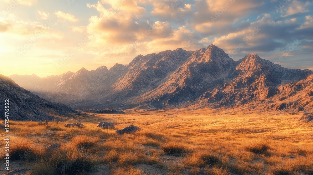 Majestic mountain range at sunset with dramatic sky and golden fields Majestic mountain range at sunset with dramatic sky and golden fields