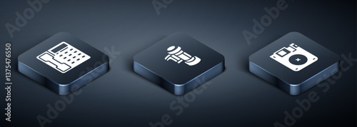 Set Isometric Telephone handset, Floppy disk and Camera roll cartridge icon. Vector