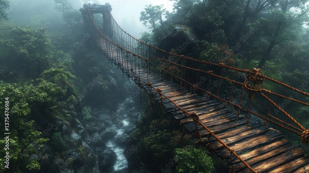Fototapeta premium Misty rope bridge over forest gorge with lush vegetation and flowing river
