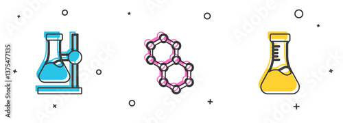 Set Test tube flask on stand, Molecule and icon. Vector