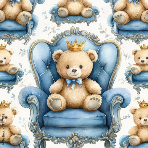 Watercolor Seamless Pattern of Cute Teddy Bears with Crowns Sitting on Royal Blue Chairs for Baby Boy Decor