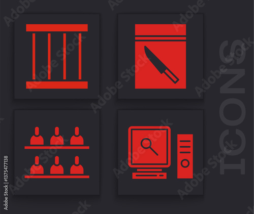 Set Search on computer screen, Prison window, Evidence bag and knife and Jurors icon. Vector