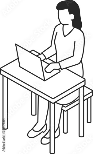 Isometric woman solid icon sitting at desk and using laptop, vector.