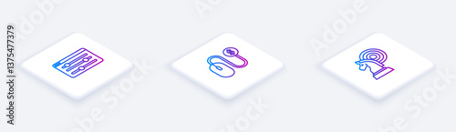 Set Isometric line Browser setting, Advertising and Chess. White square button. Vector