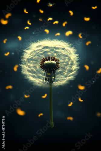 Surreal macro image of dandelion fluff composing calligraphic letters midair, framed in delicate photo