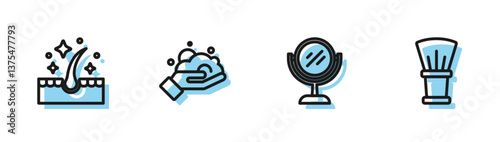 Set line Hand mirror, Oil for hair care treatment, Shaving foam on hand and brush icon. Vector