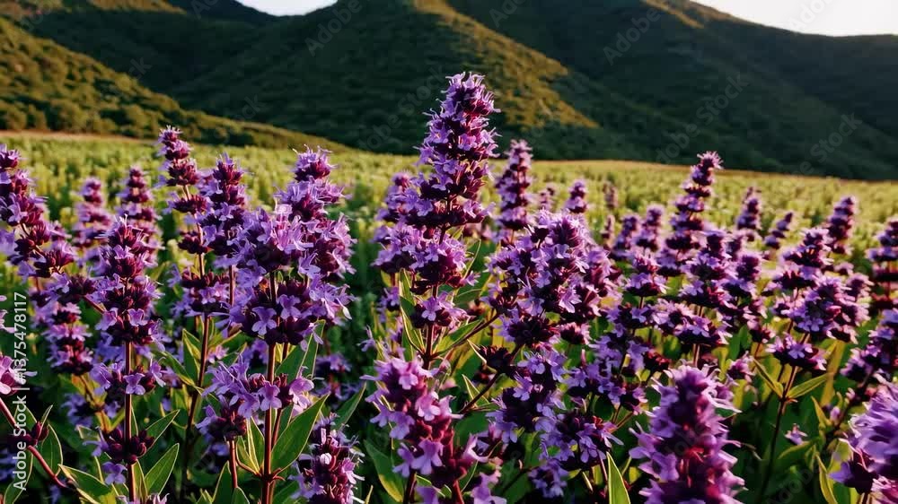 Sloping terrain covered in blooming purple sage against rolling hills under clear sky. Therapeutic herb grows abundantly showing medicinal plant diversity in pristine environment Sloping terrain covered in blooming purple sage against rolling hills under clear sky. Therapeutic herb grows abundantly showing medicinal plant diversity in pristine environment