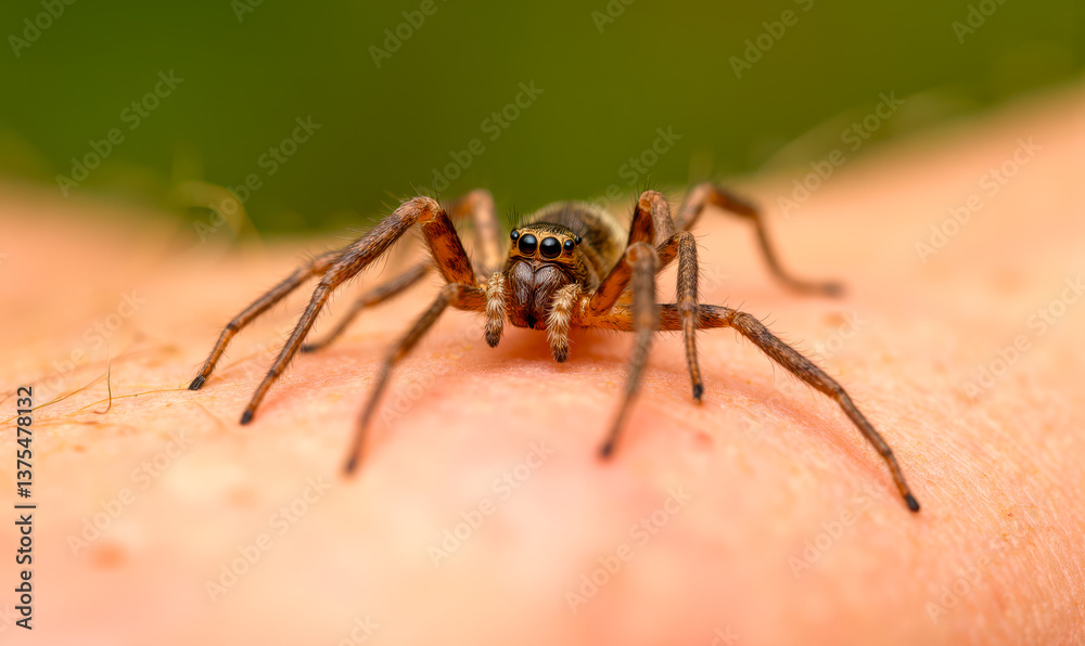 Fototapeta premium Poisonous spider on human skin close-up, dangerous arachnid with hairy legs and multiple eyes, venomous creature crawling on person, macro photography of spider on body, wildlife on human