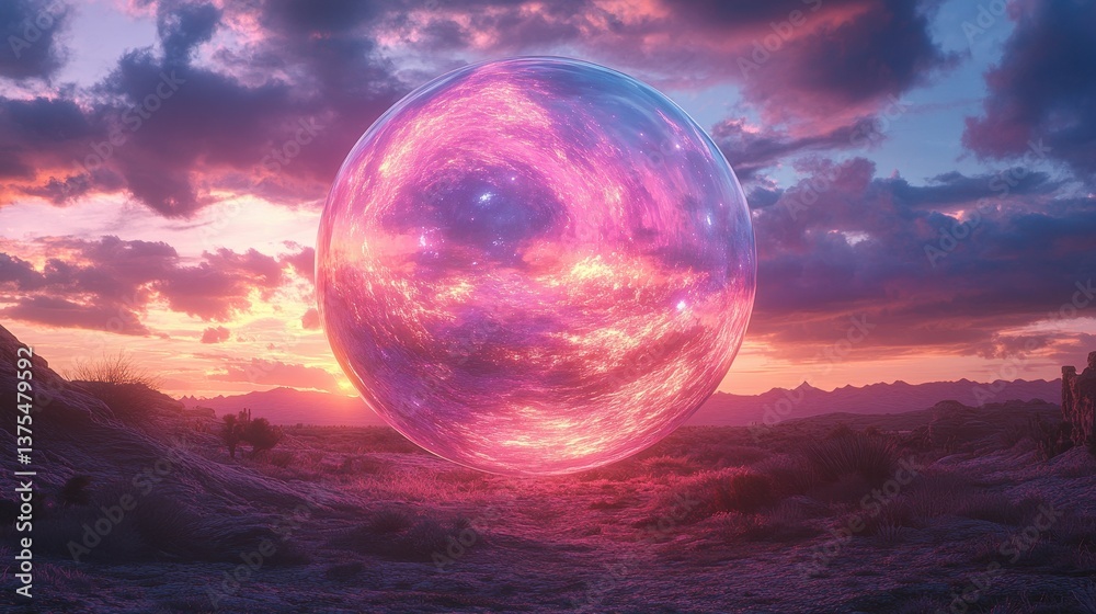 Surreal cosmic orb in vibrant desert sunset landscape Surreal cosmic orb in vibrant desert sunset landscape