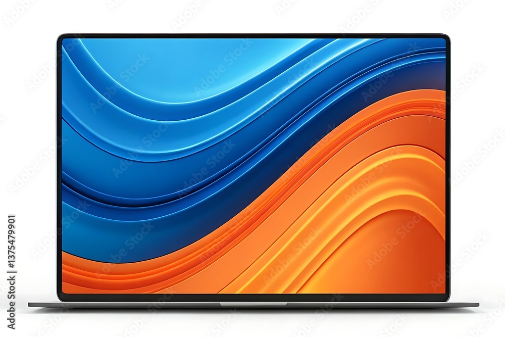 Fototapeta premium Dynamic curves of vibrant blue and orange flow across a sleek laptop screen, showcasing modern design and energy.