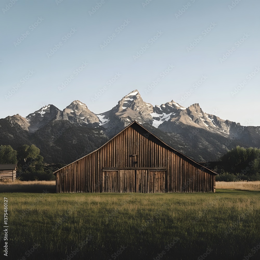 A picturesque scene of a traditional wooden barn with a pitched roof nestled in a lush grassy field framed by the majestic snow capped mountains in the background under a serene clear blue sky A picturesque scene of a traditional wooden barn with a pitched roof nestled in a lush grassy field framed by the majestic snow capped mountains in the background under a serene clear blue sky