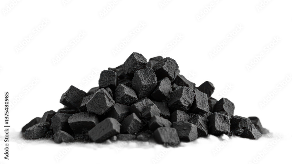 Fototapeta premium Pile of Black Coal Pieces on Black Background for Mining and Industry Use in Stock Photography