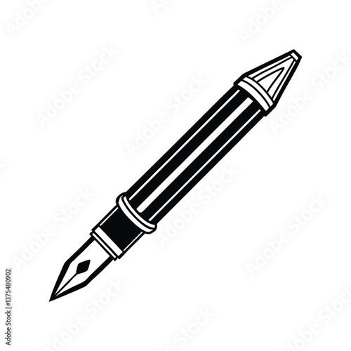 A black and white art drawing of a classic fountain pen with a removable cap and a visible nib vector illustration.eps