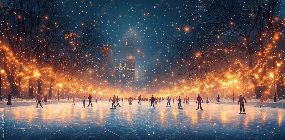 Fototapeta premium Ice Skating Fun on a Winter Evening at the Rink with People and Snowy Trees